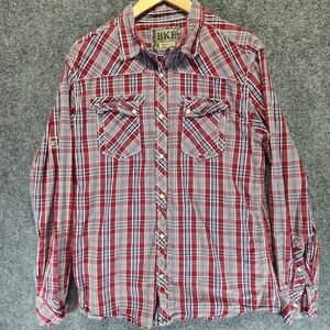 BKE Buckle  Shirt Men's Large Red Blue Plaid Athletic Fit Button Up  Western